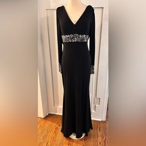 Shail K Elegant Black Beaded cowl open back formal Dress long sleeve stretchy